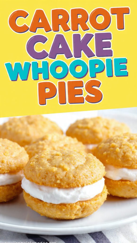 A stack of carrot cake whoopie pies with cream cheese frosting and text overlay.