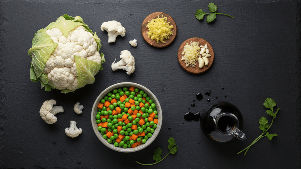 A collage of stir fry ingredients: cauliflower, ginger, garlic, peas, carrots, and soy sauce.