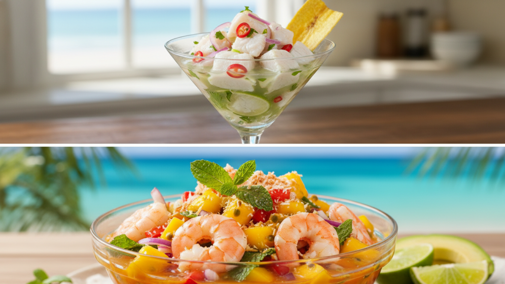 Two separate versions of ceviche, one traditional and one with mango.