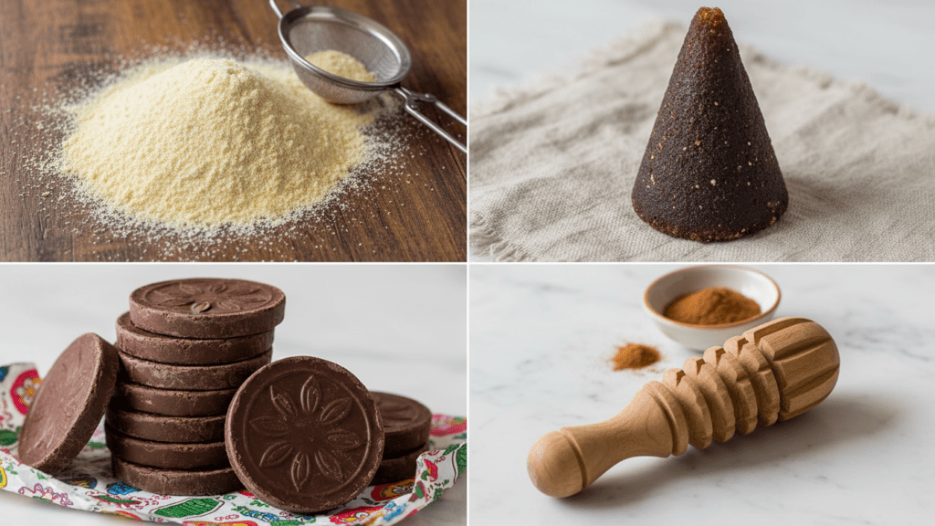 Ingredients for Mexican champurrado including masa harina, piloncillo, and Mexican chocolate