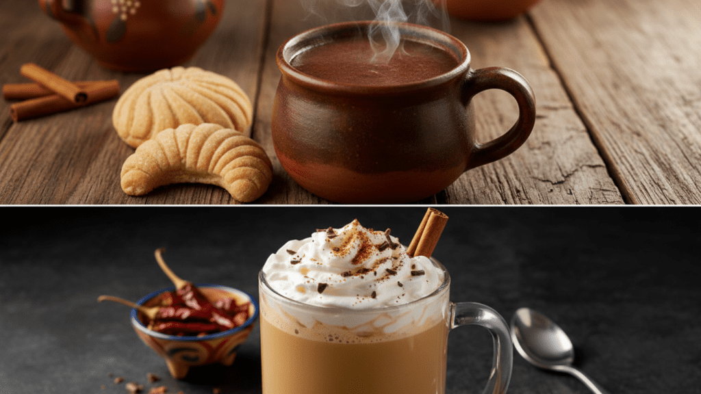 Two separate variants of champurrado: one traditional and one topped with whipped cream