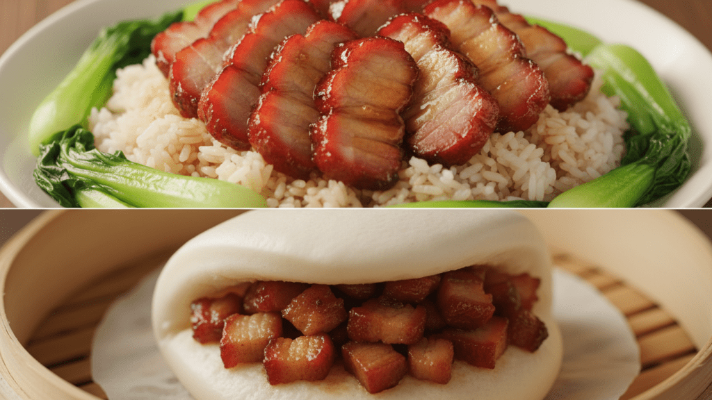 Close up look of char siu pork over rice and inside a steamed bun.