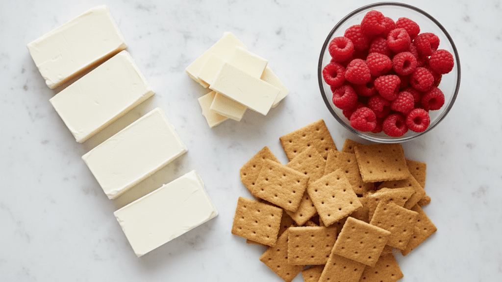 A collage showing cream cheese, white chocolate bars, fresh raspberries, and graham crackers.