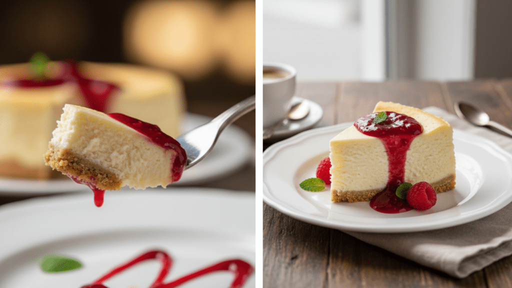 Close up of a fork pulling a bite of cheesecake and a wide shot of two separate cheesecake slices