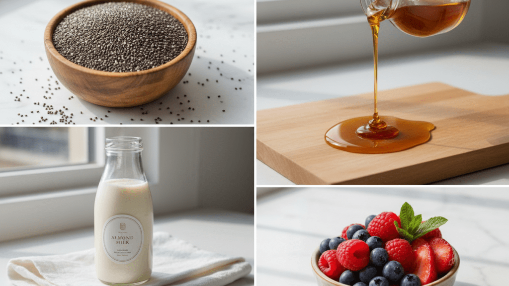 Collage showing chia seeds, almond milk, maple syrup, and vanilla extract.