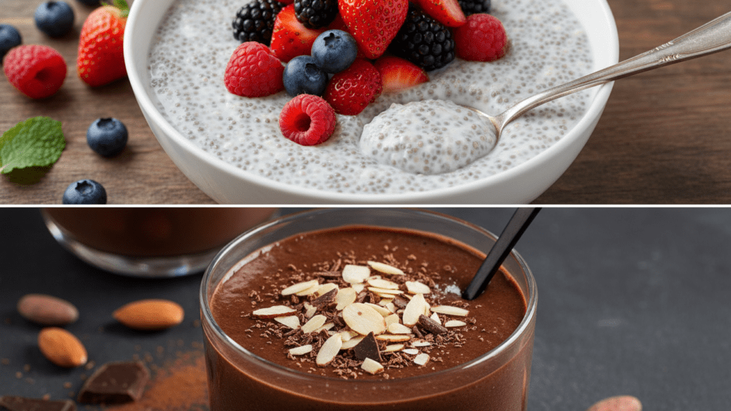 Close up look of a traditional berry chia pudding and a blended chocolate version.