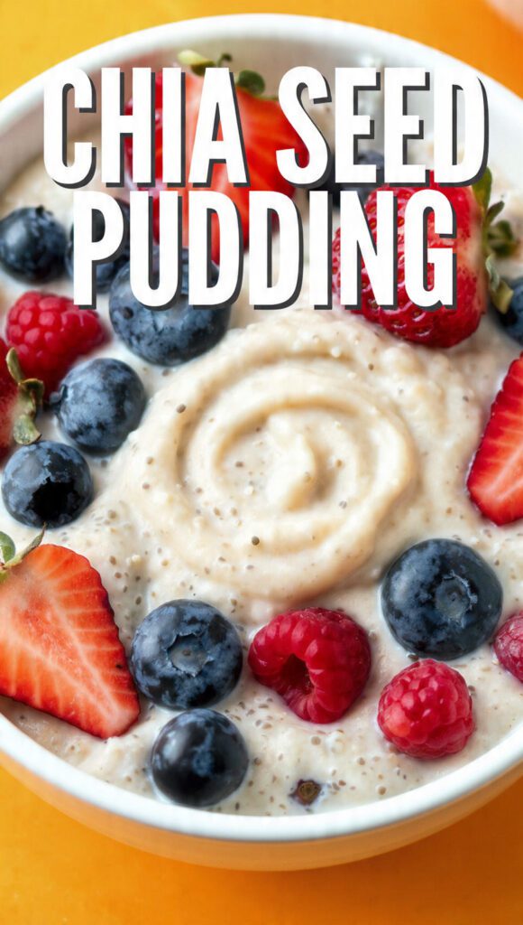 A glass jar of creamy chia seed pudding topped with fresh raspberries and blueberries.