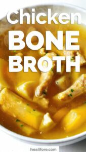 A glass jar of golden-brown chicken bone broth with fresh herbs and text overlay "Chicken Bone Broth"