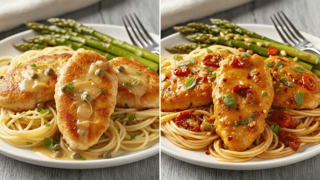 Two different versions of chicken piccata including a pasta-based option.