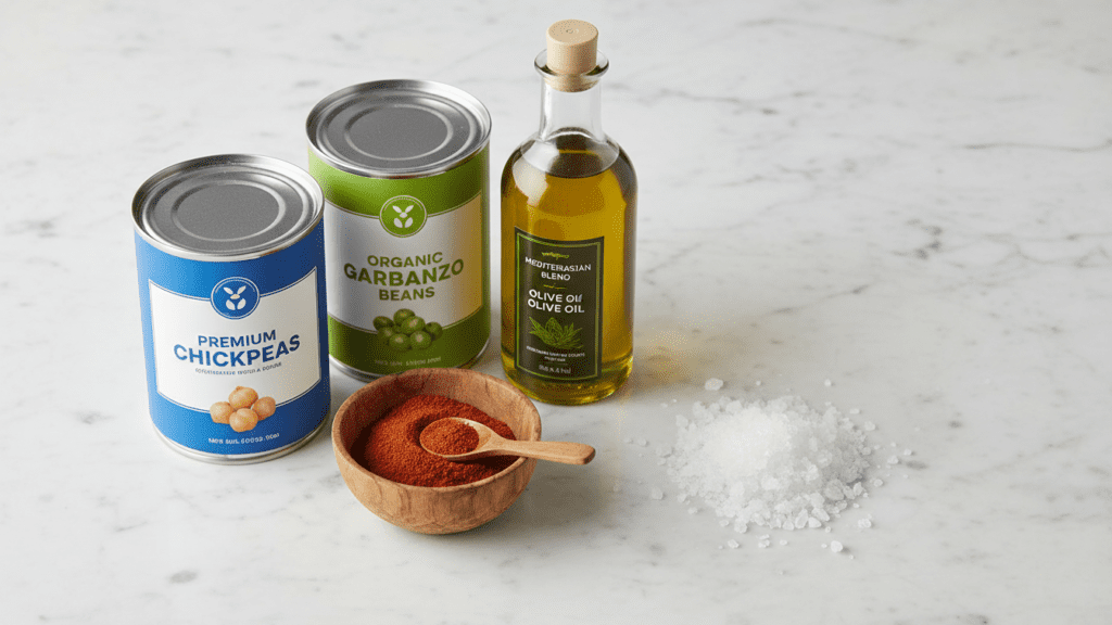 A collage of ingredients: canned chickpeas, olive oil, smoked paprika, and sea salt.