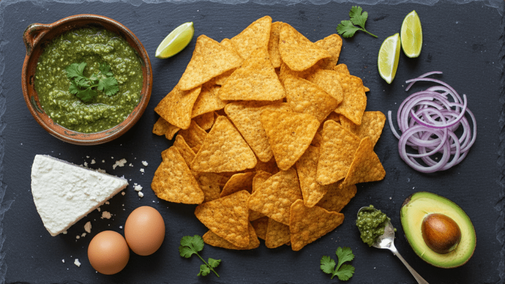 Collage of tortilla chips, salsa verde, cotija cheese, and avocado.