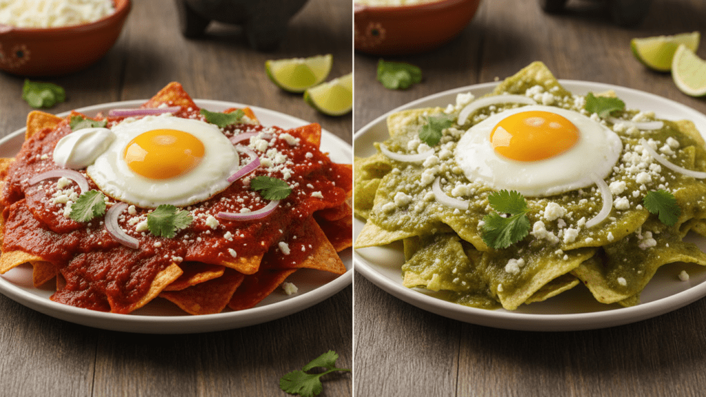 Two types of chilaquiles, one red and one green.