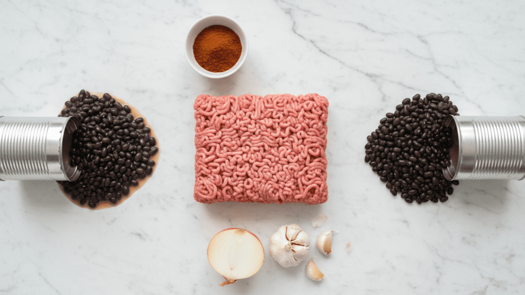A collage of chili ingredients: ground turkey, kidney beans, chili powder, and onions.