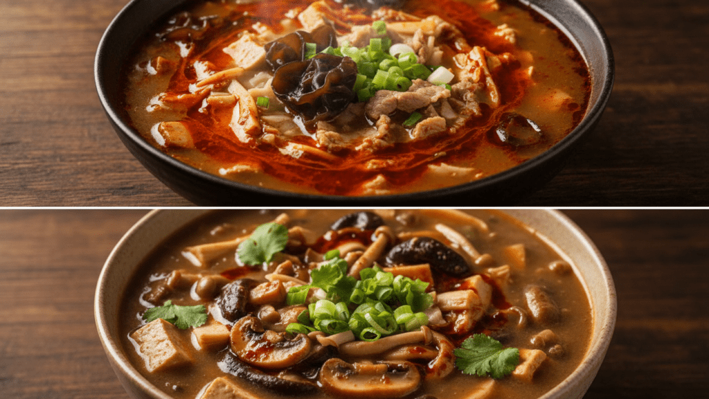 Close up of hot and sour soup with chili oil and a vegetarian version.