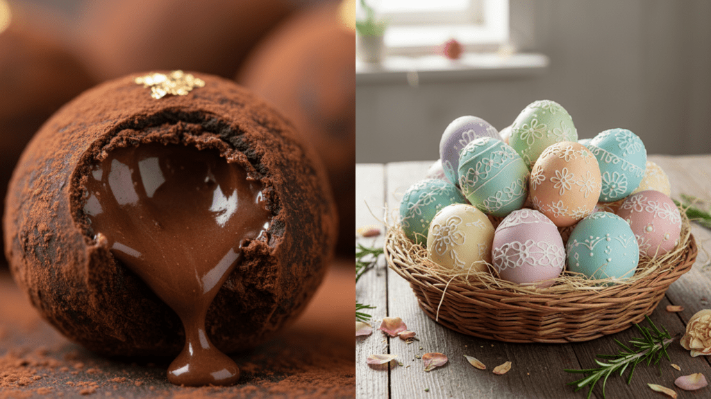 Close up of a bite taken out of a truffle and a wide shot of decorated eggs.
