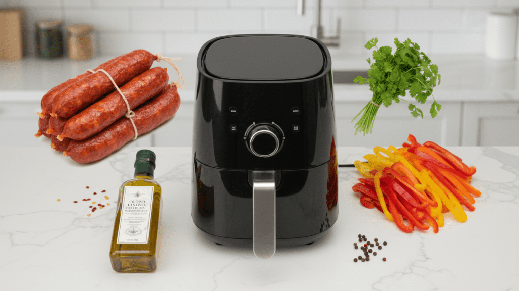 Ingredients for cooking chorizo in an air fryer including peppers and onions.