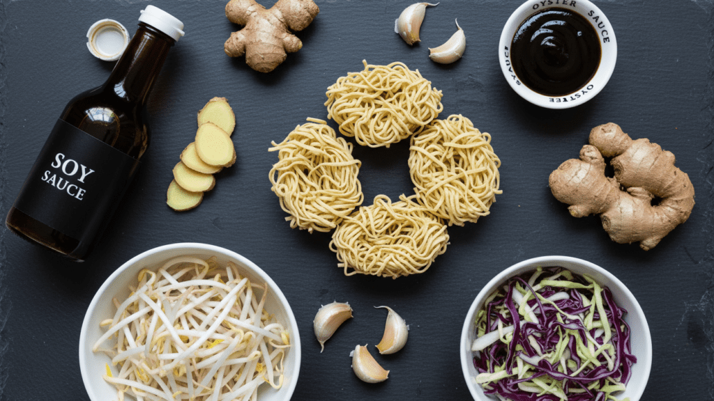 Raw ingredients for making a healthy authentic chow mein recipe at home.