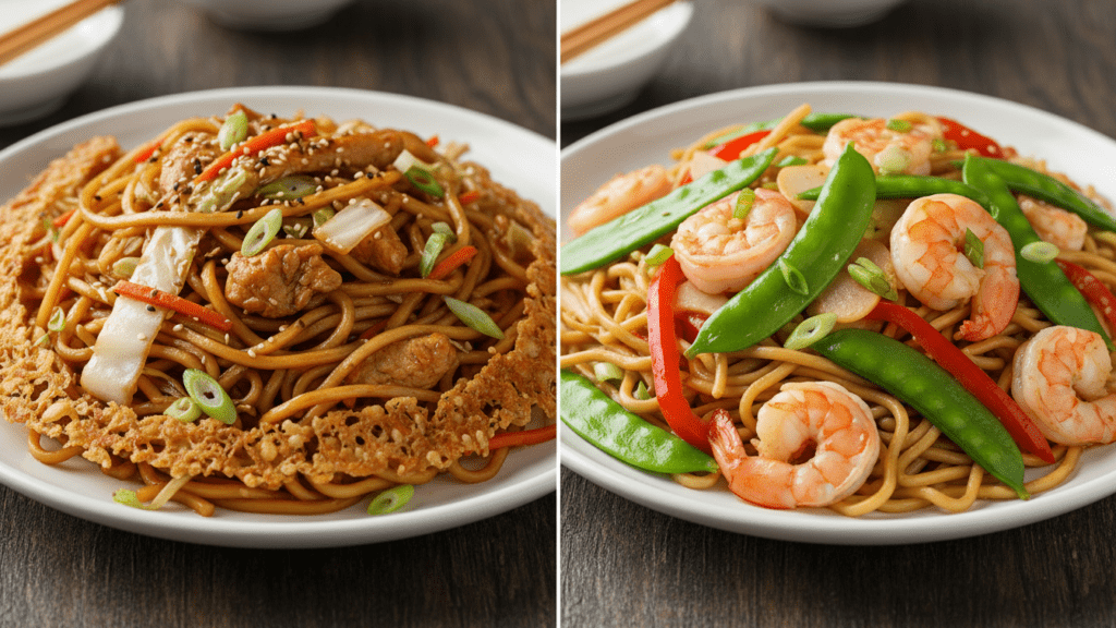 Two different versions of chow mein including chicken and seafood options