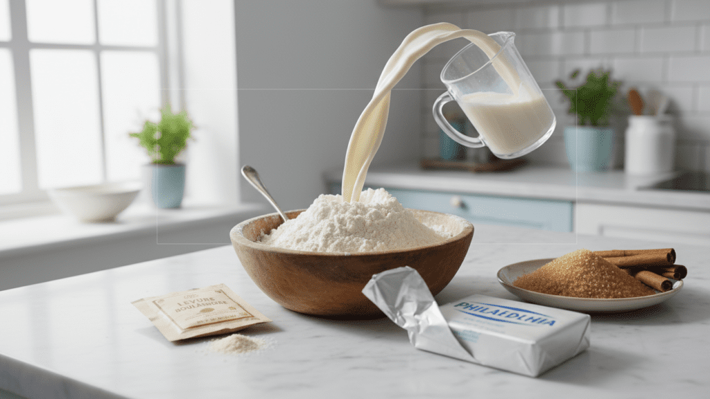 A collection of ingredients for making homemade easter bunny cinnamon rolls.