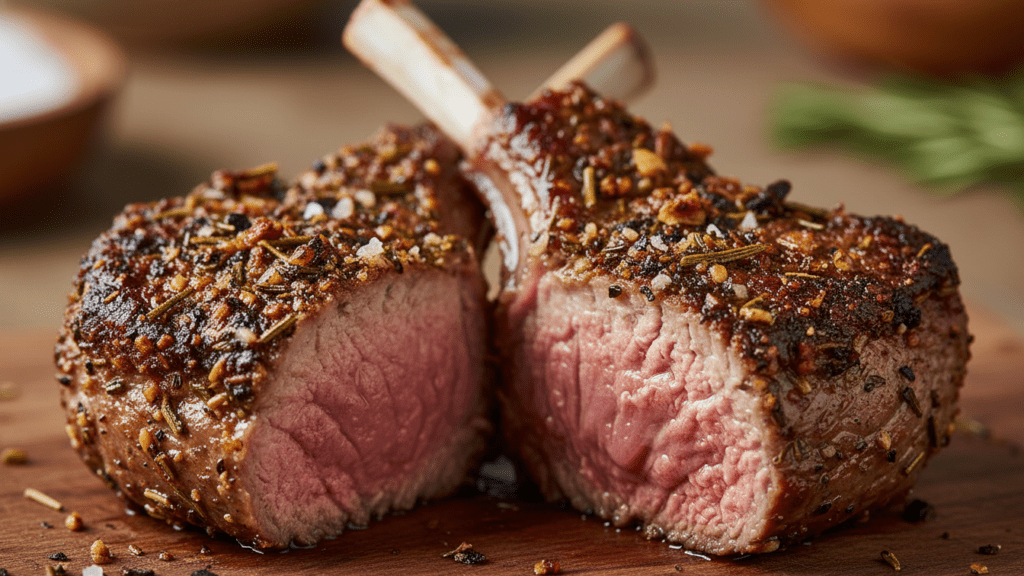 Extreme close-up of a medium-rare lamb chop with a herb crust.