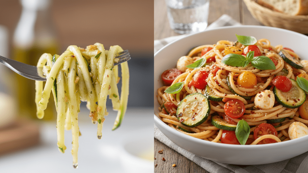 A close-up shot of fork-twirled zucchini noodles and a wider shot of a finished bowl.
