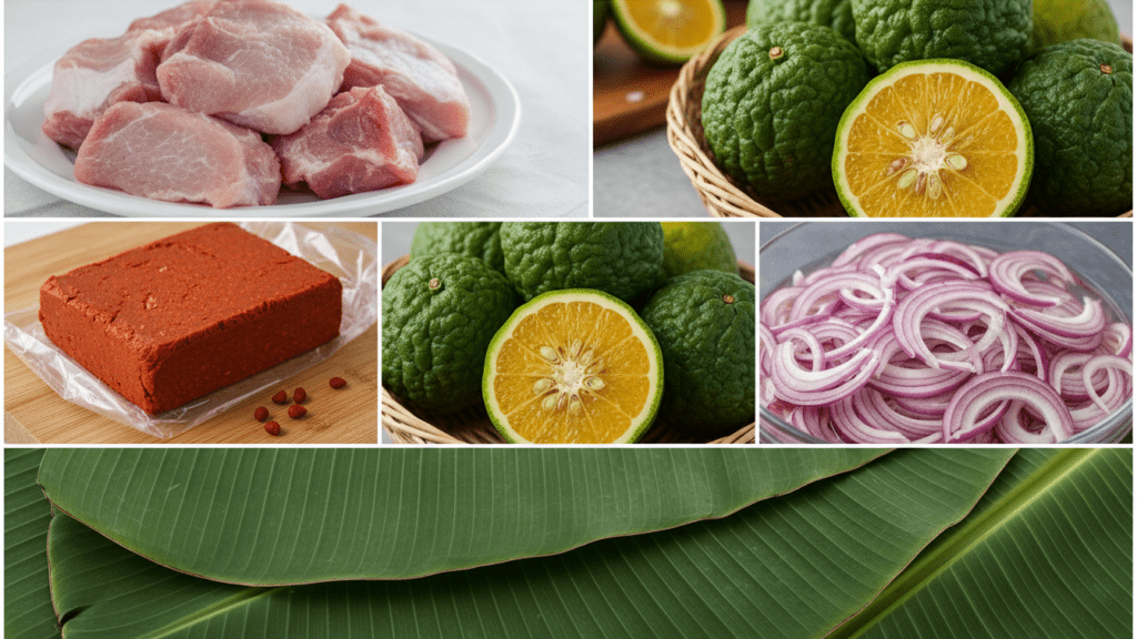 Collage of ingredients including achiote paste, bitter oranges, and banana leaves.