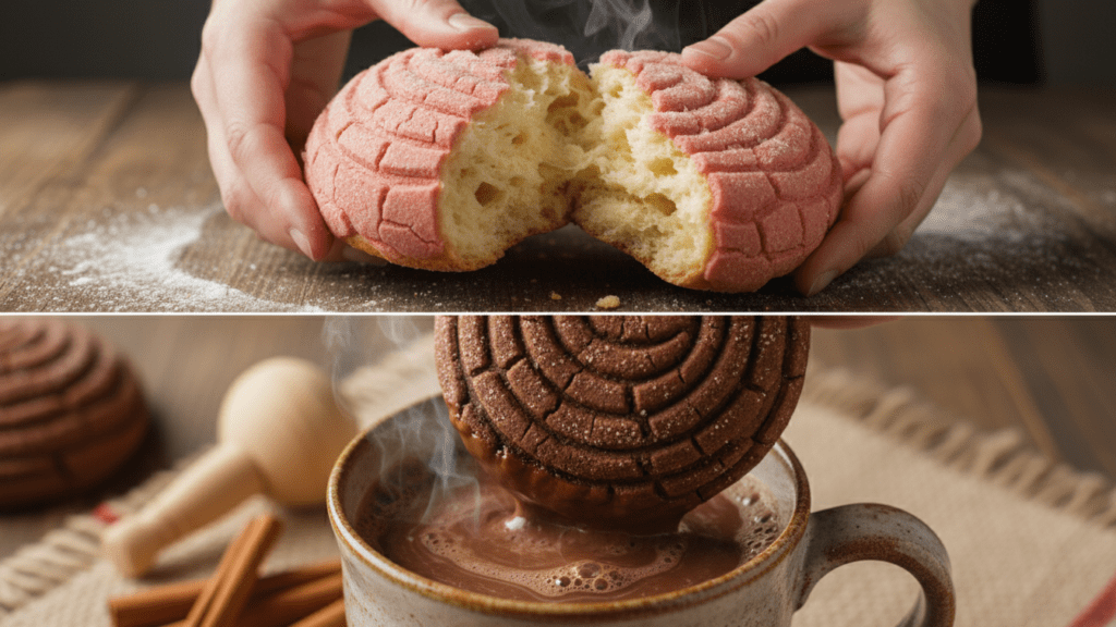Close up look of a fluffy concha being dipped into hot chocolate.