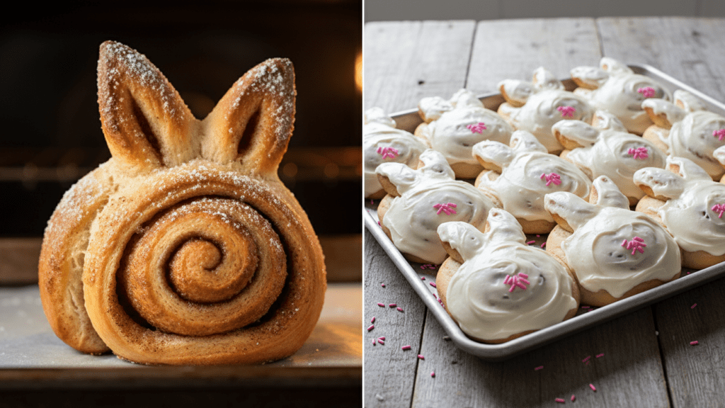 A side-by-side view of baked and frosted cinnamon roll bunnies.