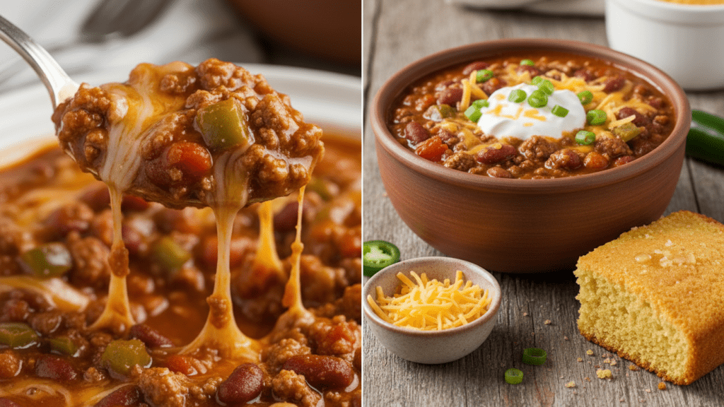 Close up of a spoon lifting chili and a wide shot of chili with cornbread