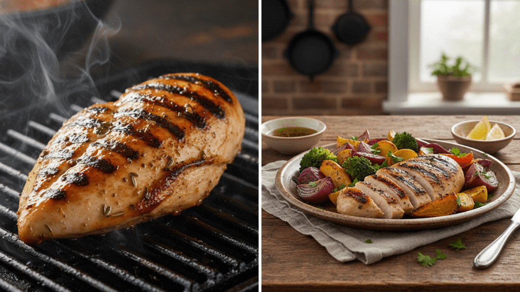 Close-up of grilled chicken breast with charred marks and roasted vegetables.