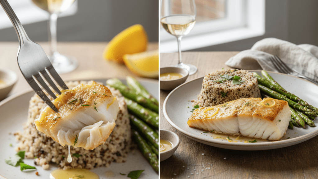 Close up of a fork flaking a piece of lemon baked cod and a wide shot of a full plate.