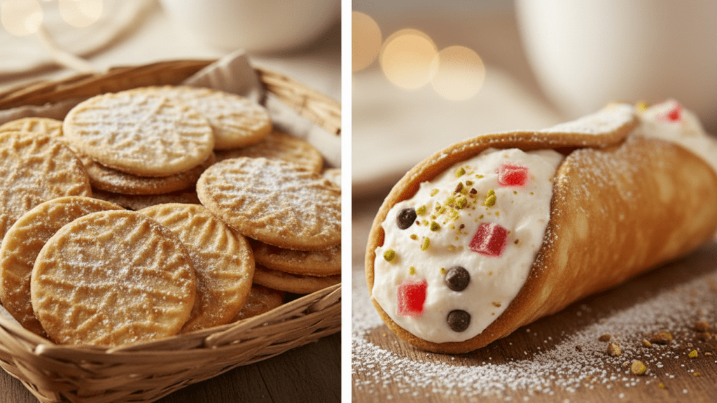 Two versions of cooked pizzelle, one rolled into a cone and one flat.