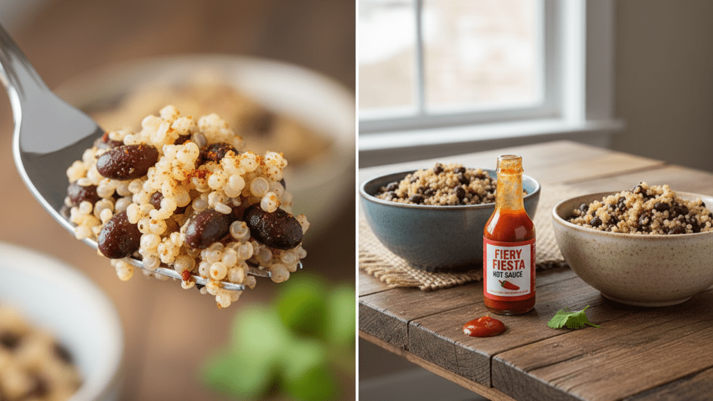Close up of a fork lifting a bite of quinoa and beans and a wide shot of two bowls.