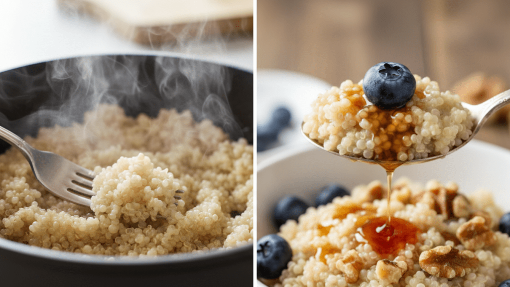 Close up shots of fluffy quinoa and a spoonful of the finished breakfast bowl.