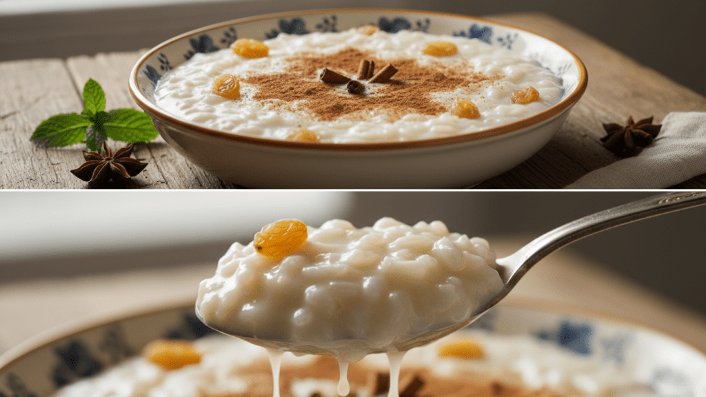 Two separate variants of arroz con leche: one in a bowl and a close-up look at the texture