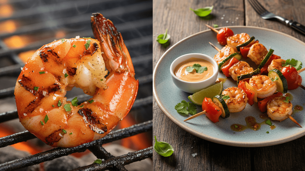 Close up of a charred shrimp on a skewer and a wide shot of a full plate.