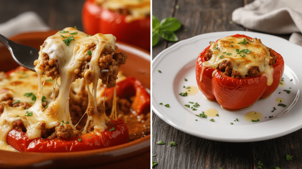 Close up of a fork breaking into a stuffed pepper and a wide shot of a full plate.