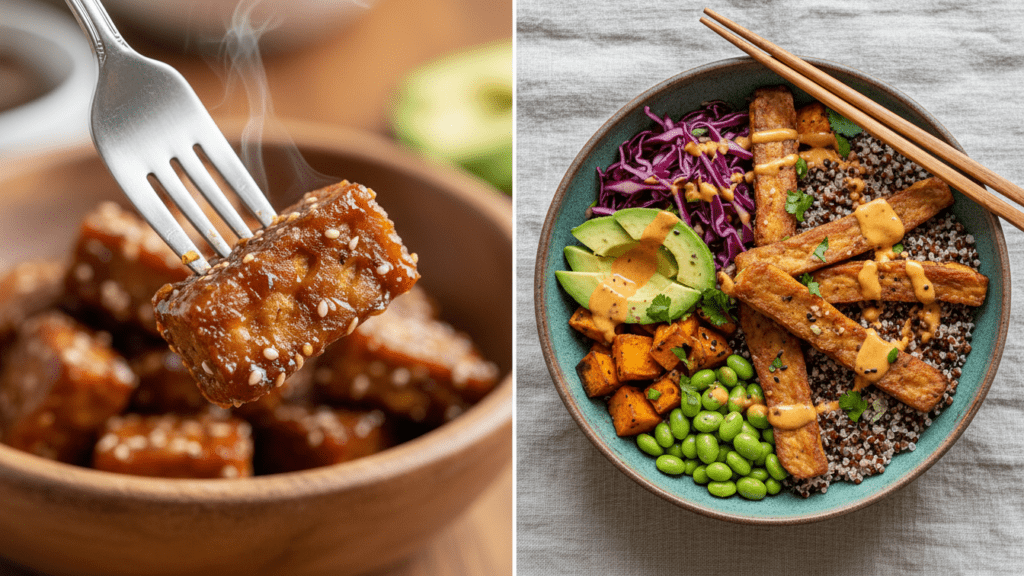 Close up of a fork with a crispy tempeh cube and a wide shot of a tempeh grain bowl.