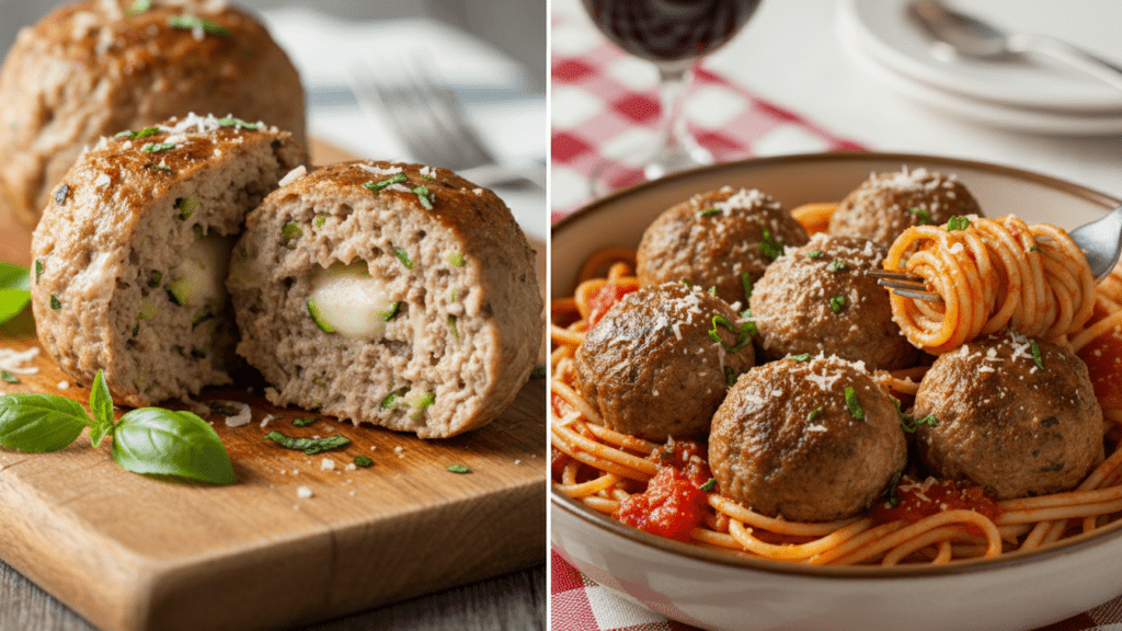 Close up of a turkey zucchini meatball cut in half to show the juicy interior.