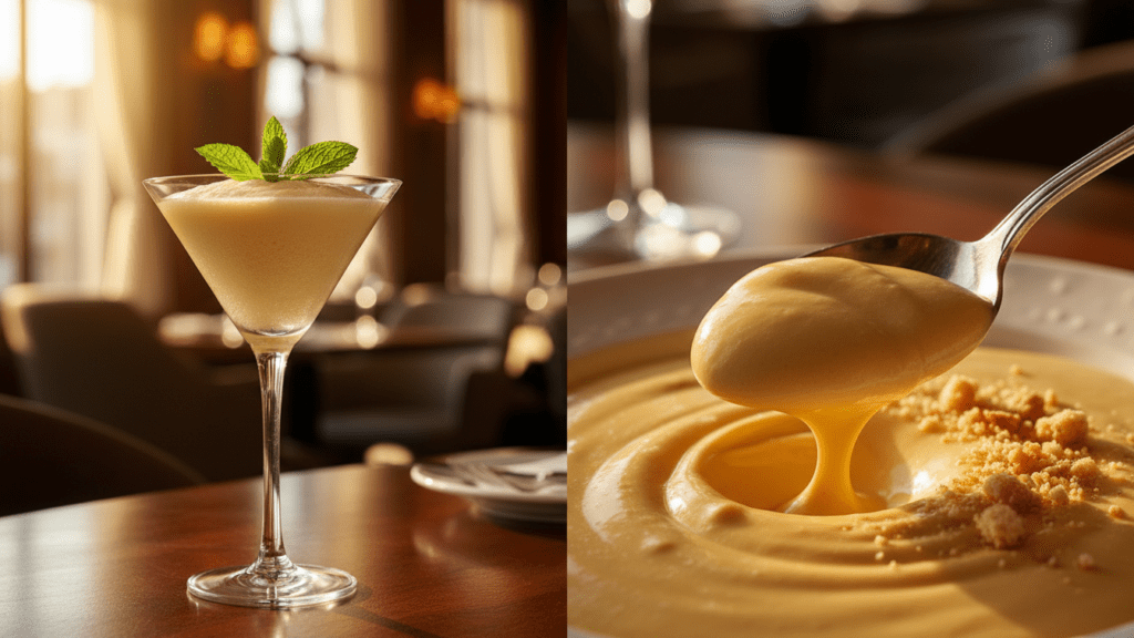Two versions of cooked zabaglione in dessert glasses.