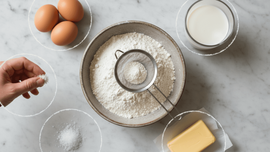 Raw ingredients for making a healthy authentic Italian crespelle recipe at home.