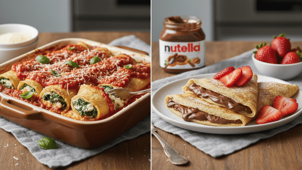 Two different versions of crespelle including savory baked and sweet chocolate options.