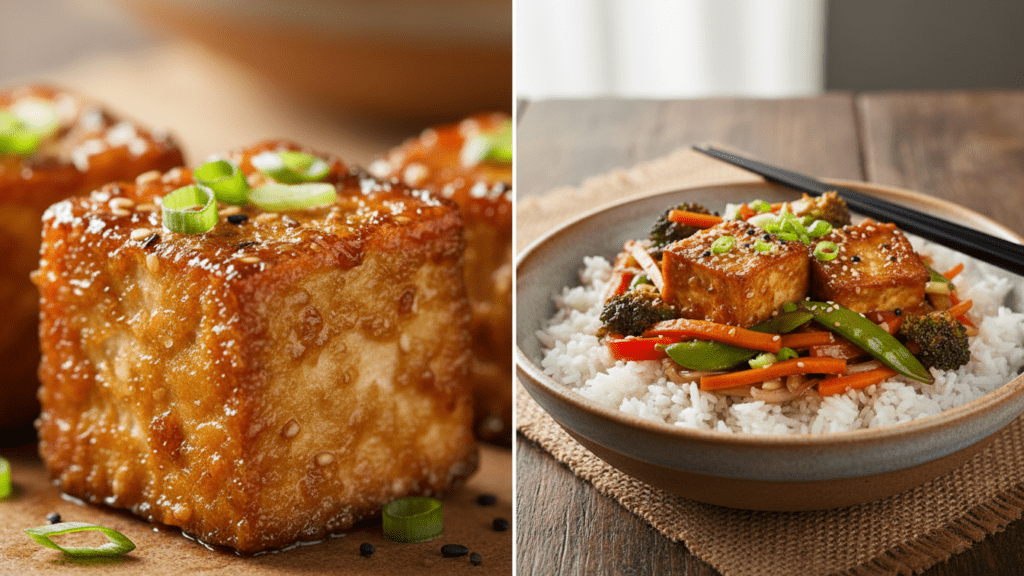 Close up look at crispy tofu and a wide shot of the stir fry over white rice.