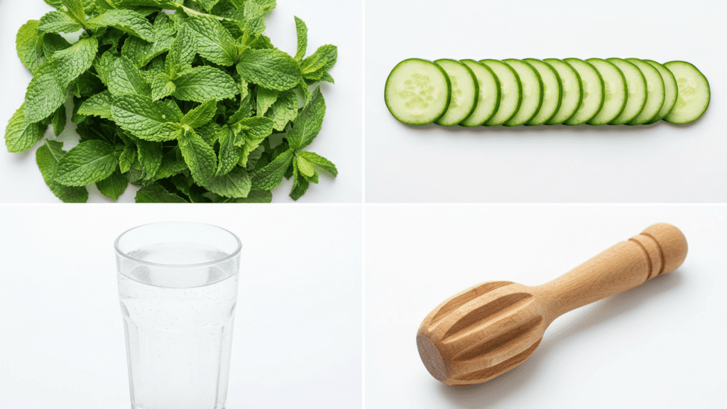 A collage of fresh ingredients for cucumber mint water including cucumber slices, mint, and water.