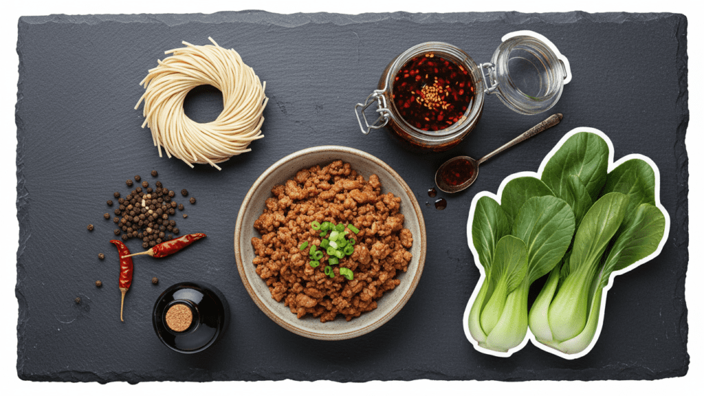 A collage of ingredients for dan dan noodles including Szechuan peppercorns, chili oil, and pork.
