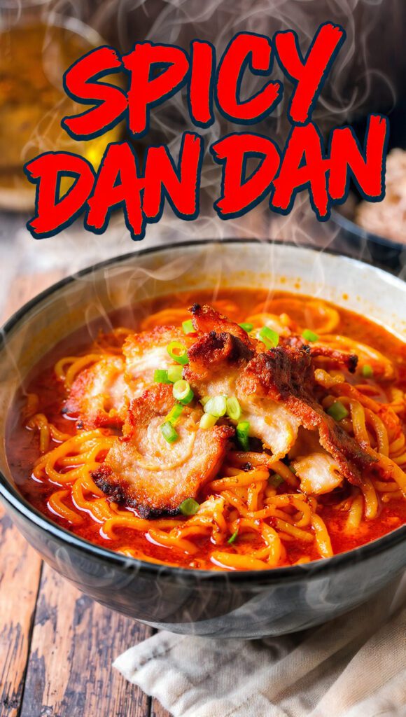 A steaming bowl of spicy dan dan noodles with a bold text overlay.
