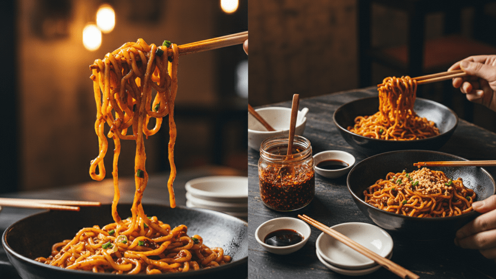 A close-up of chopsticks lifting spicy noodles next to a full table setting of dan dan noodles.