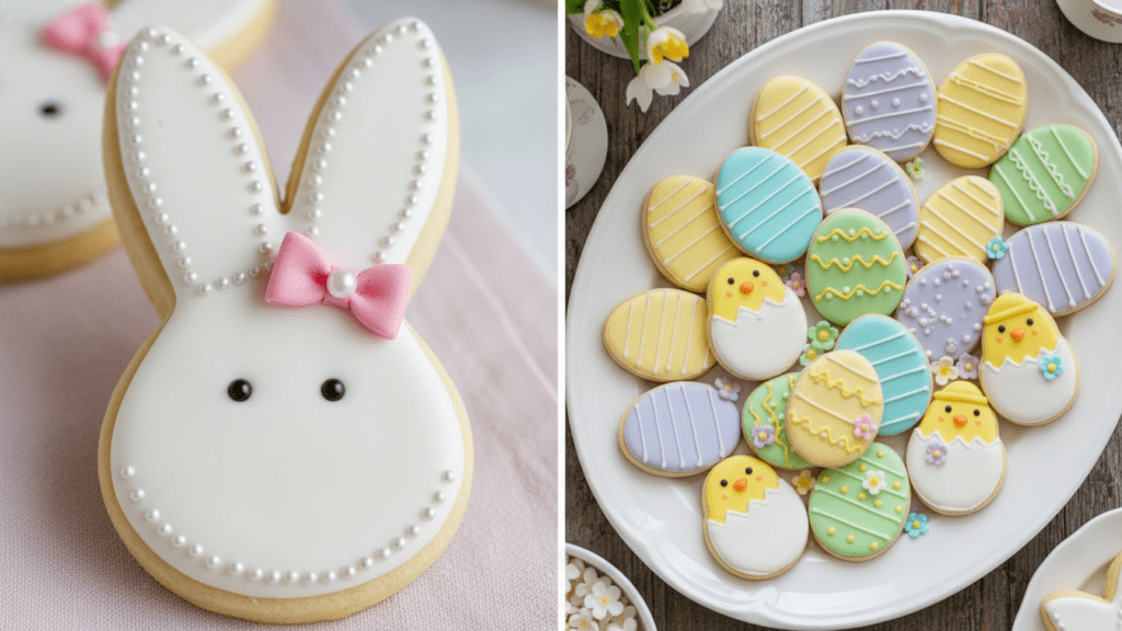 Close up of a decorated bunny sugar cookie and a wide shot of a platter of cookies.
