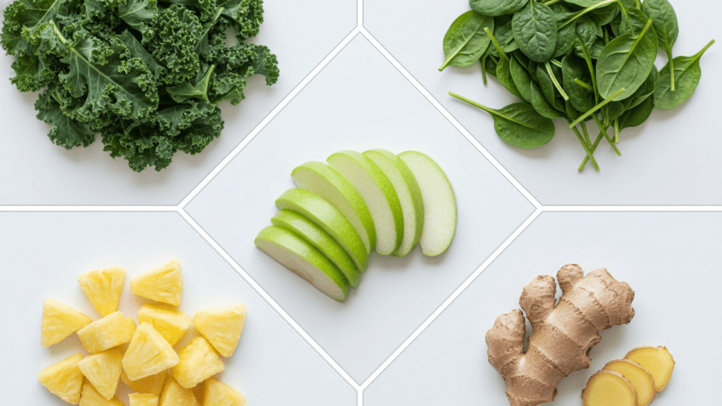 A collage of fresh green detox smoothie ingredients including kale, spinach, apple, and pineapple