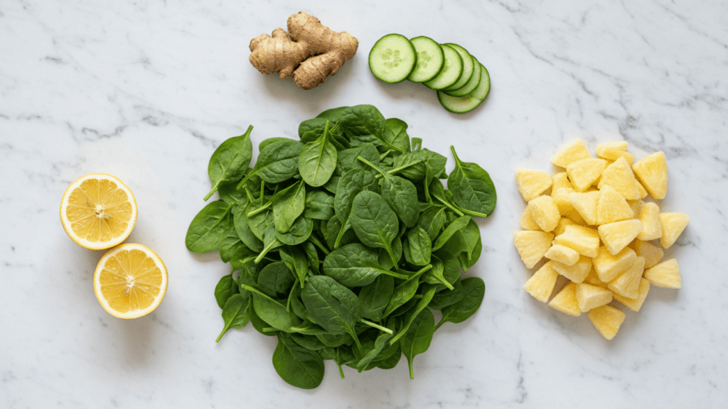 A collage of ingredients including spinach, frozen pineapple, ginger root, and cucumber.
